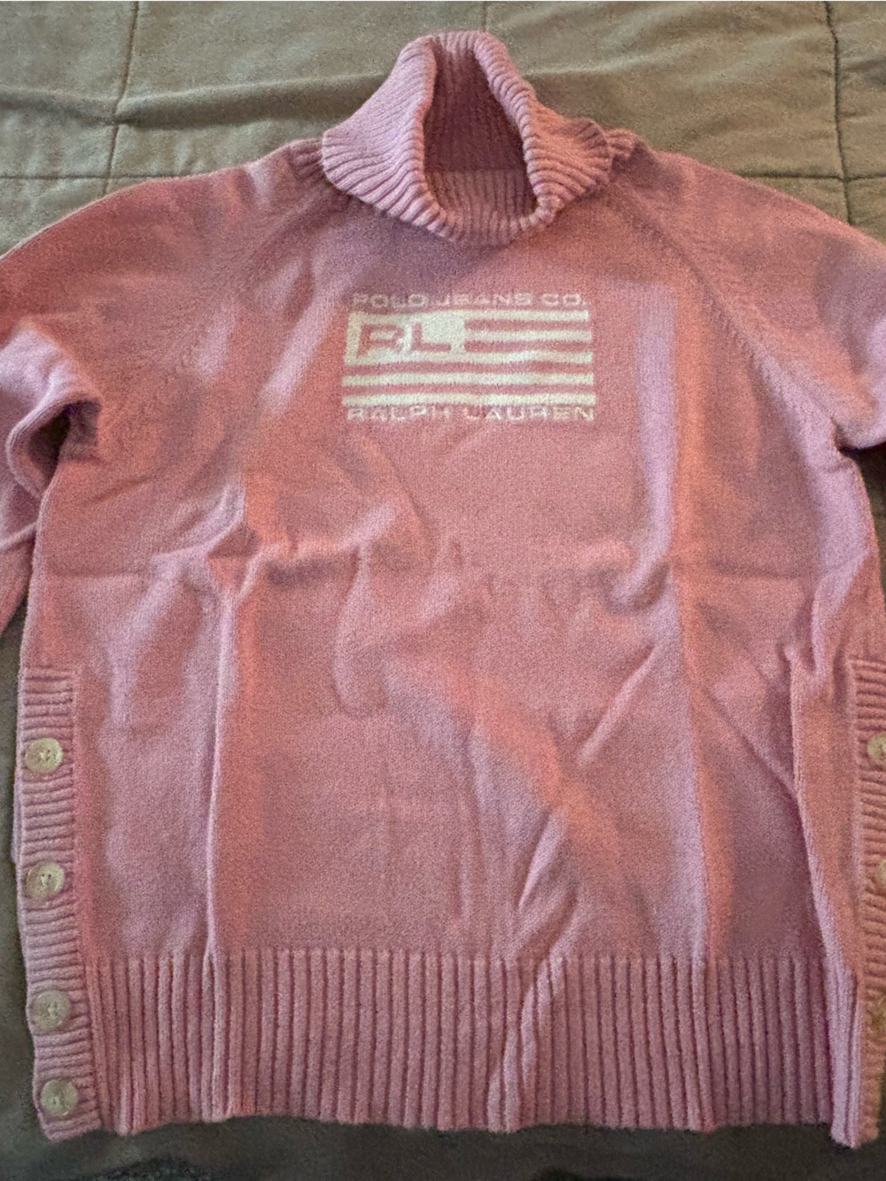 Ralph Lauren Pink Turtleneck Button-Shoulder Logo Sweater